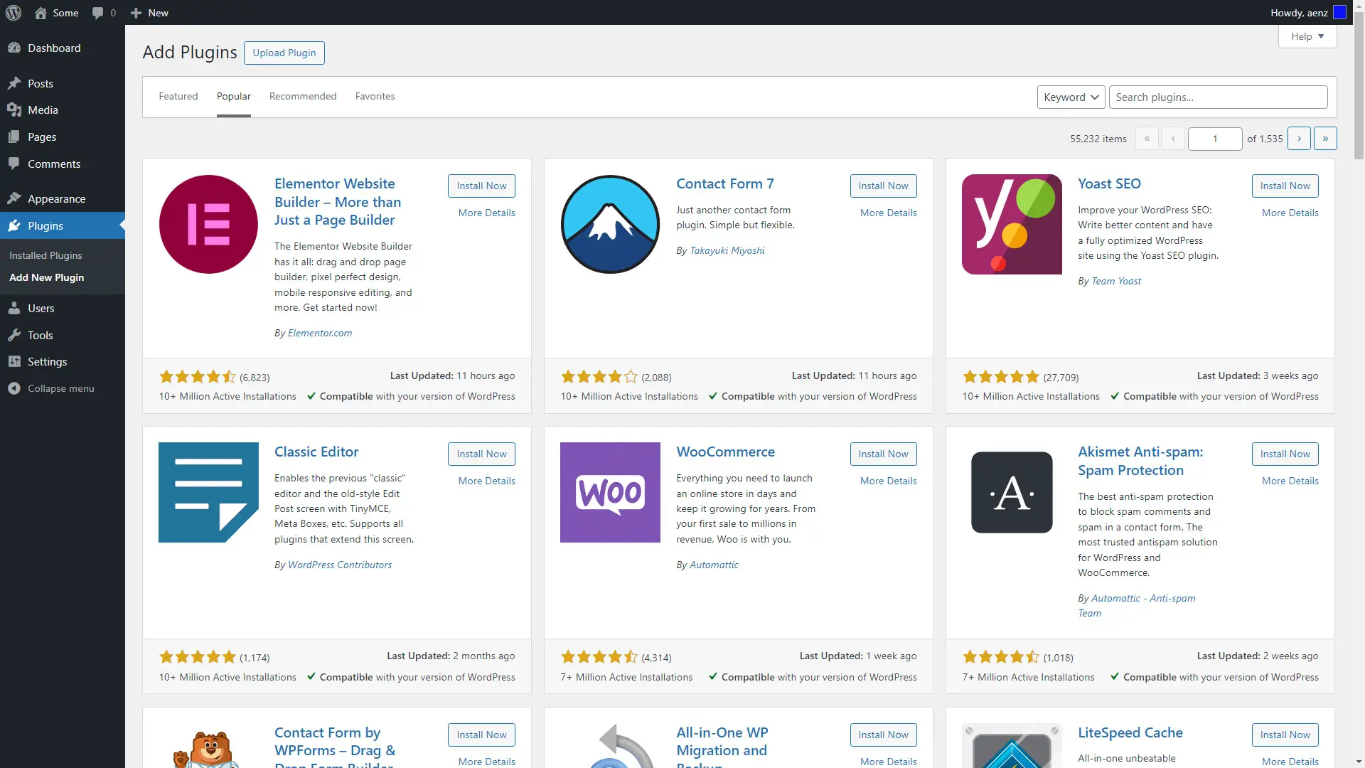 Screenshot of the 'Add New Plugin' page in the WordPress dashboard, showing popular plugins.