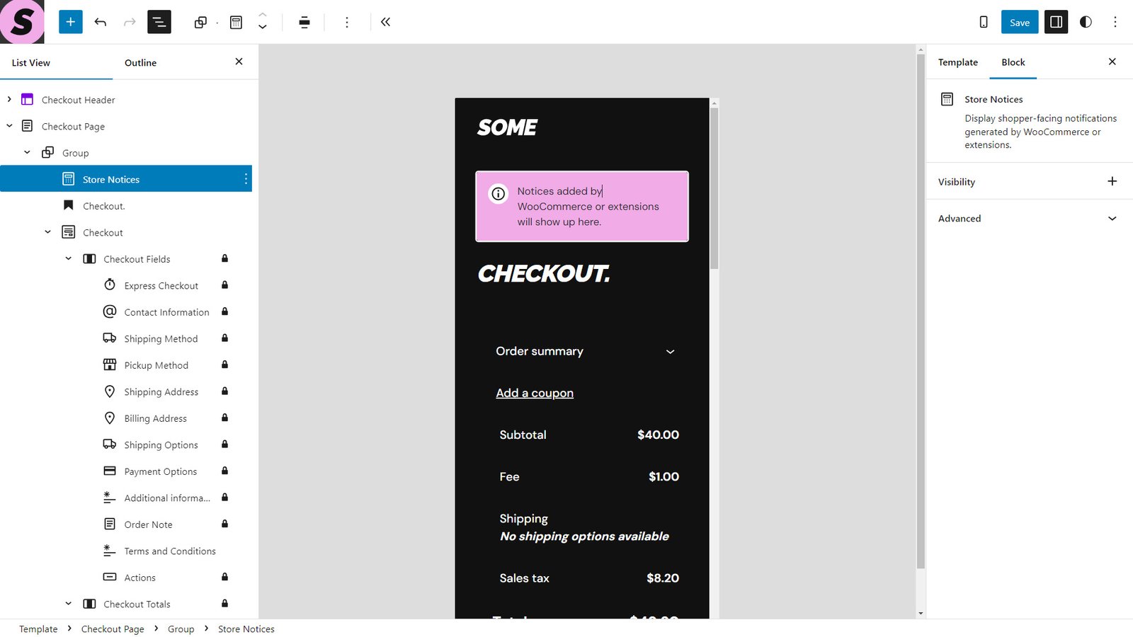 Screenshot of WooCommerce blocks in the WordPress block editor displaying a block theme checkout template.