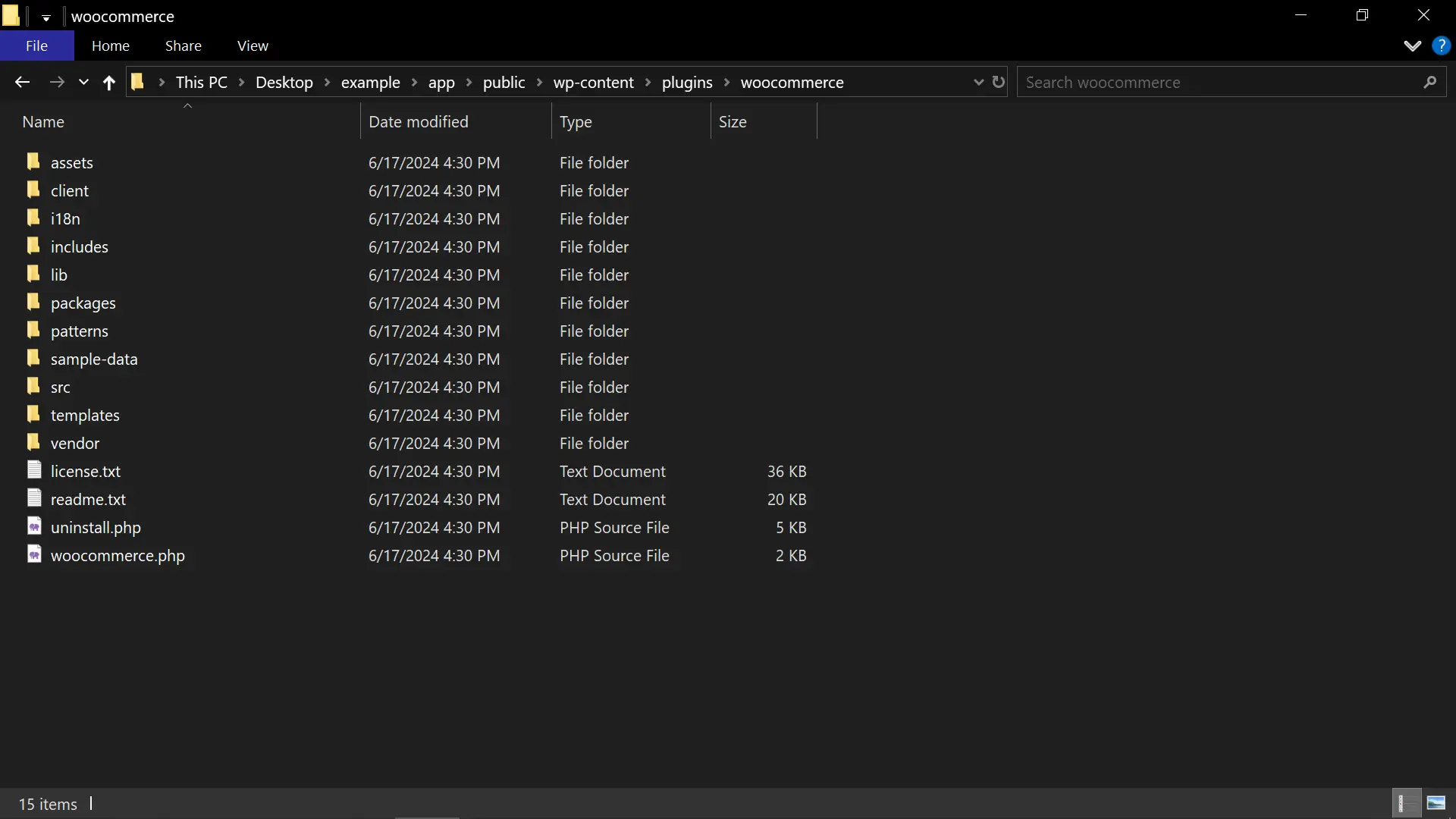 Screenshot of the WooCommerce plugin's folder in the Windows file explorer.