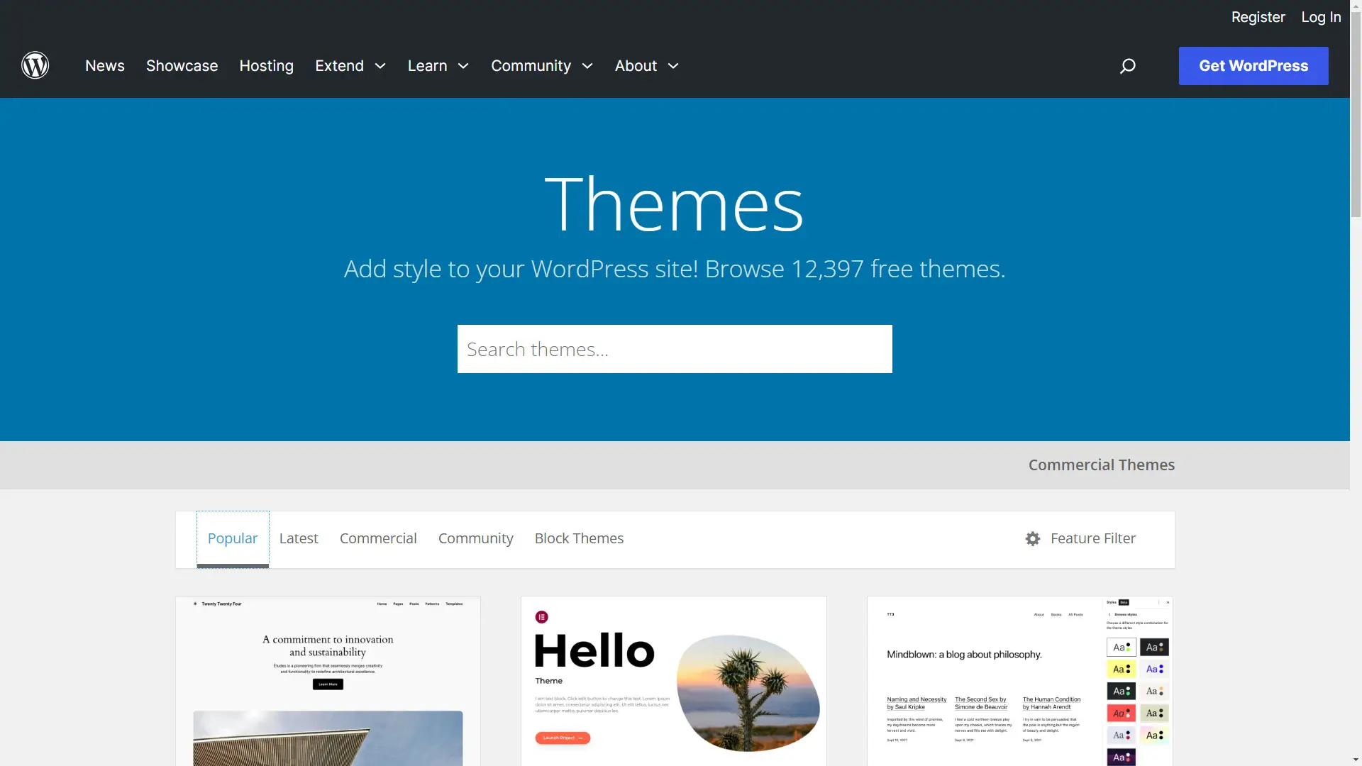 Screenshot of the homepage of the official WordPress.org theme directory.