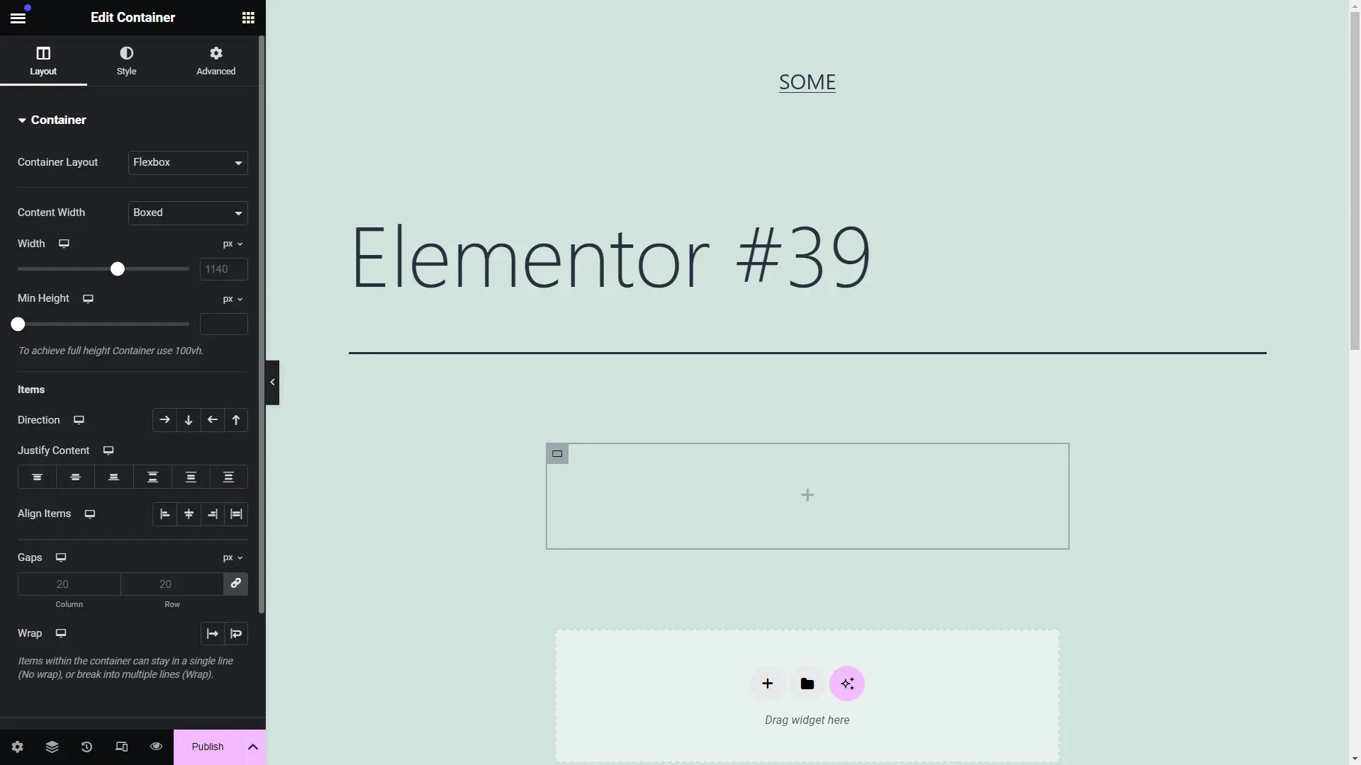 Screenshot of the Elementor page builder interface customizing WordPress's Twenty-One default theme.