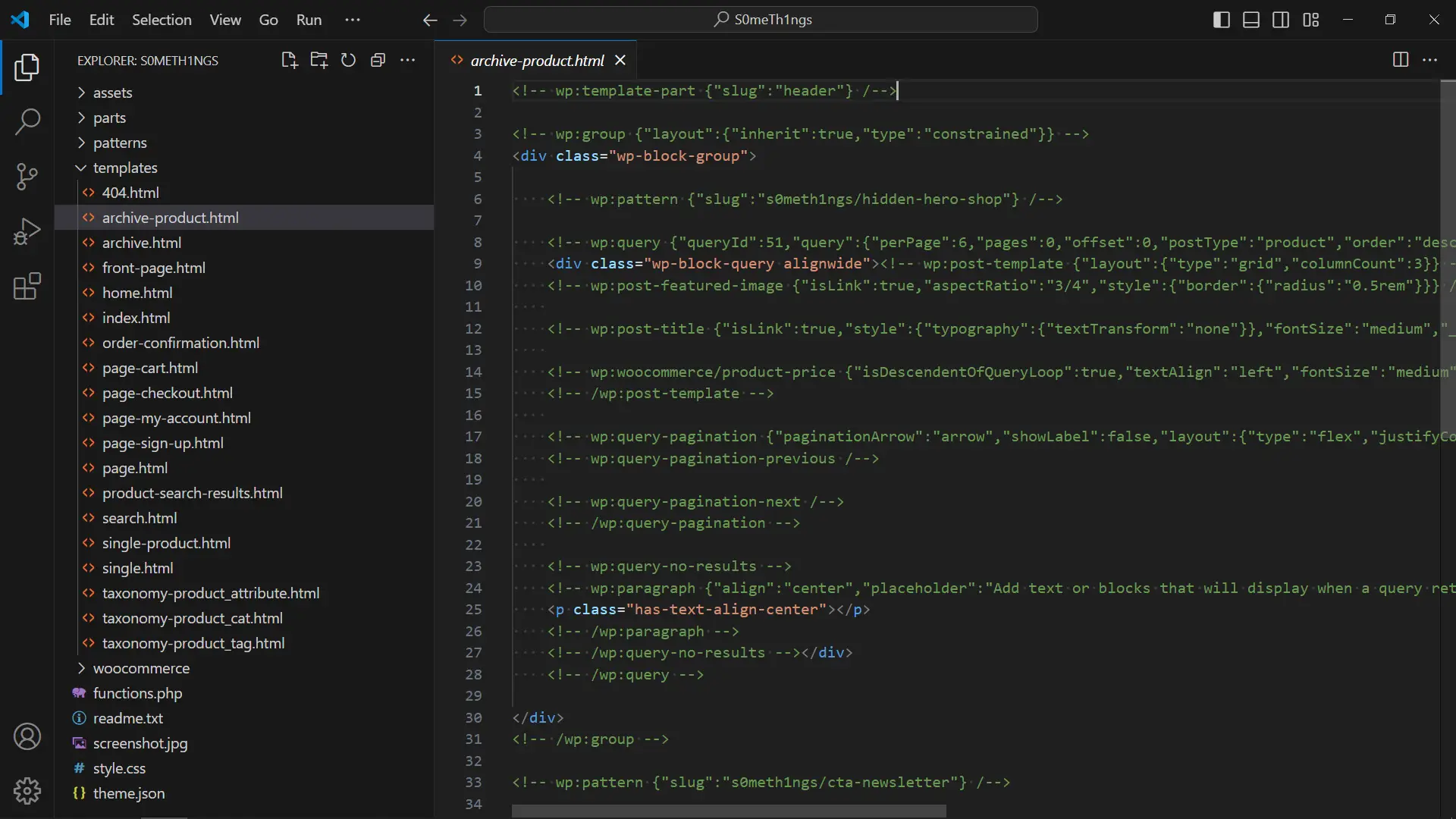 Screenshot of a WordPress block theme HTML template file displayed in a code editor