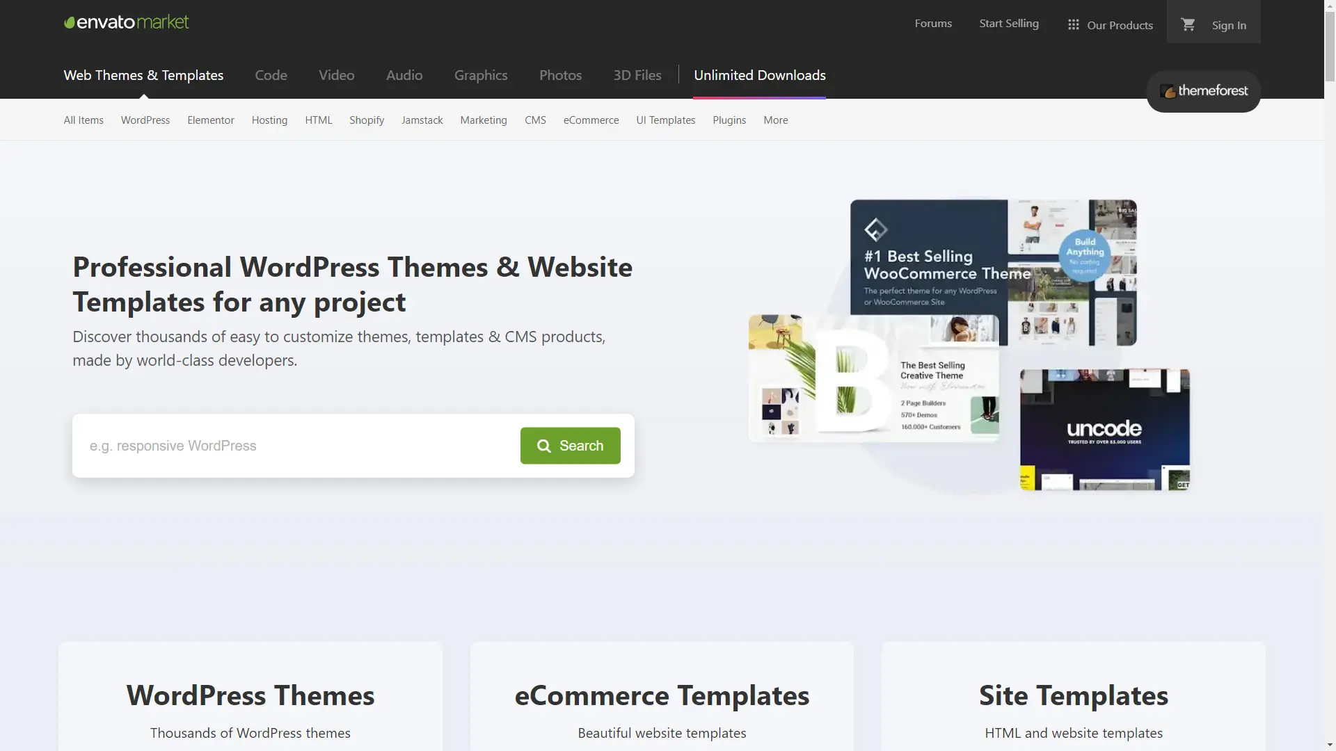 Screenshot of the homepage of the website Themeforest.net.